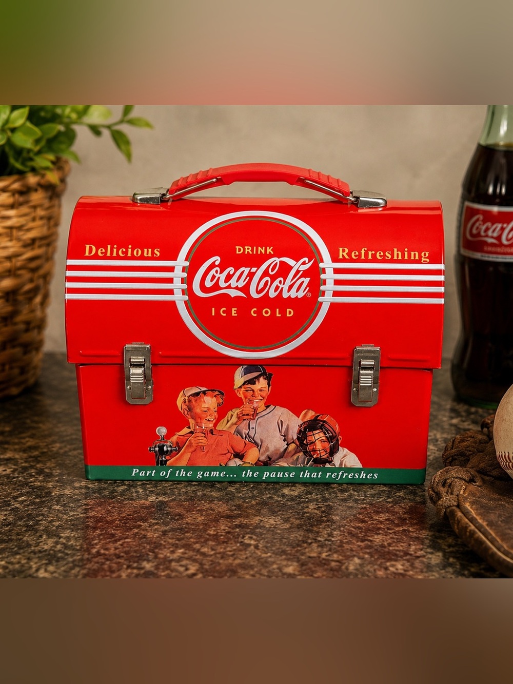 Coca Cola Tin Lunch Box Baseball Kids Drink Coca Cola Ice Cold Red Tin